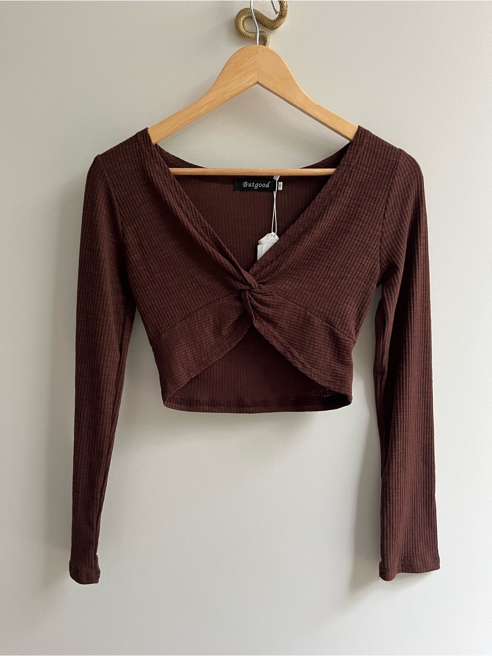 Butgood Amazon NWT Brown Ribbed Long Sleeve Twist Front Crop Top S